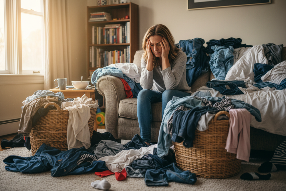 Stressed lady with piles of laundry at home