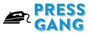 Logo of Press Gang dry cleaners with an iron icon on a white background